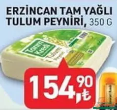 TARIM KREDİ ERZİNCAN TAM YAĞLI TULUM PEYNİRİ 350 G fiyat ve kampanya bilgisi